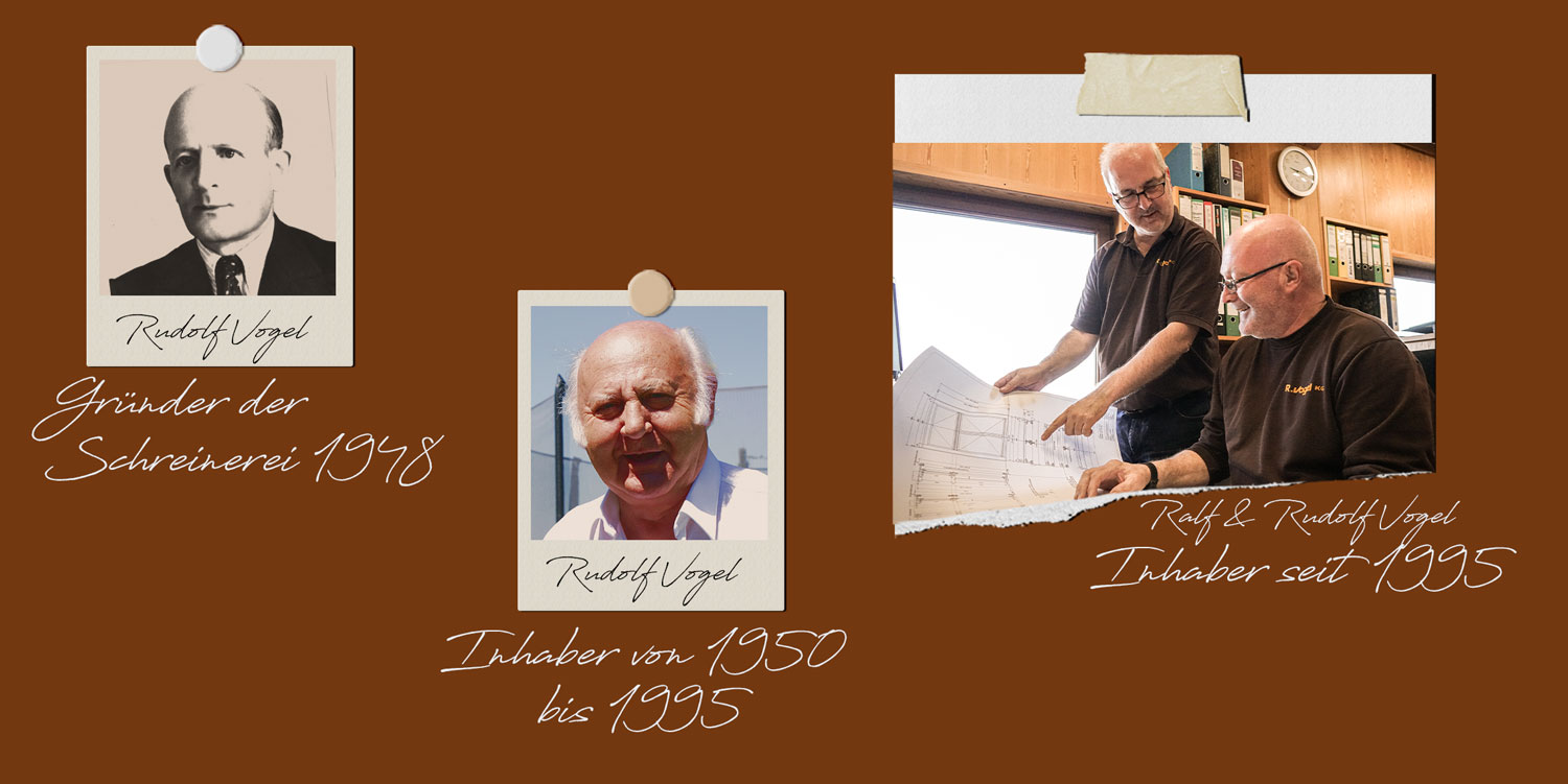 Drei Generationen Vogel: Rudolf (Gründer 1948), Rudolf (Inhaber 1950–1995), Ralf und Rudolf Vogel (Inhaber seit 1995)